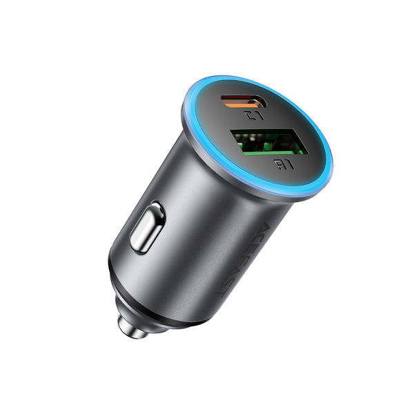 AceFast 65W PD+QC Mini-Size Super Fast Car Charger with Metallic Body, LED Ring Light (B15)