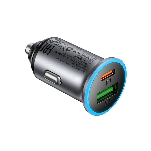 AceFast 65W PD+QC Mini-Size Super Fast Car Charger with Metallic Body, LED Ring Light (B15)