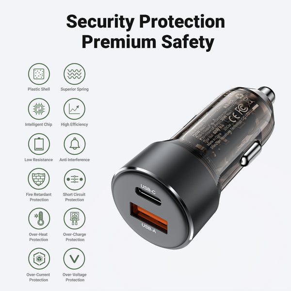 AceFast PD Super Fast Mobile Car Charger w/ Metallic & Transparent Body (B12) 60W USB-A + USB-C,