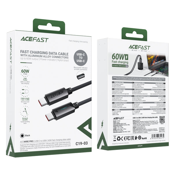 AceFast LED Illuminated Nylon Braided Aluminum Alloy Fast Charging Cable (C19)