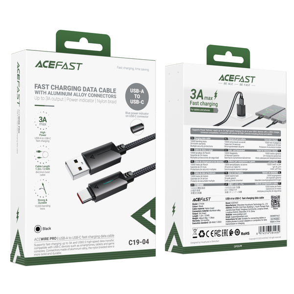 AceFast LED Illuminated Nylon Braided Aluminum Alloy Fast Charging Cable (C19)