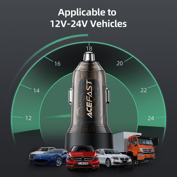 AceFast PD Super Fast Mobile Car Charger w/ Metallic & Transparent Body (B12) 60W USB-A + USB-C,