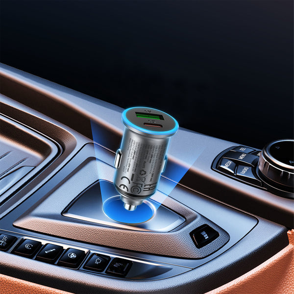AceFast 65W PD+QC Mini-Size Super Fast Car Charger with Metallic Body, LED Ring Light (B15)