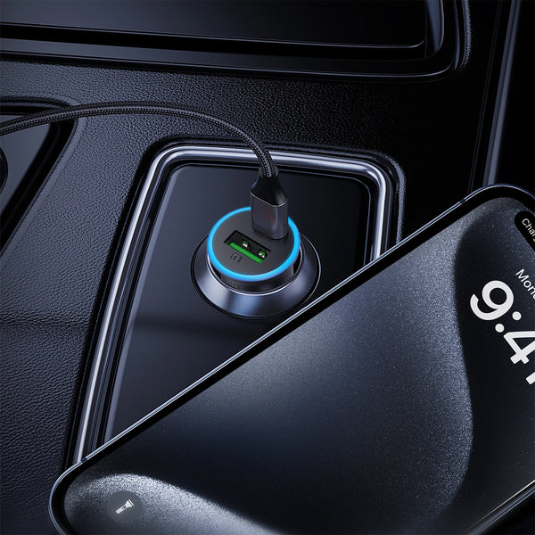 AceFast 65W PD+QC Mini-Size Super Fast Car Charger with Metallic Body, LED Ring Light (B15)