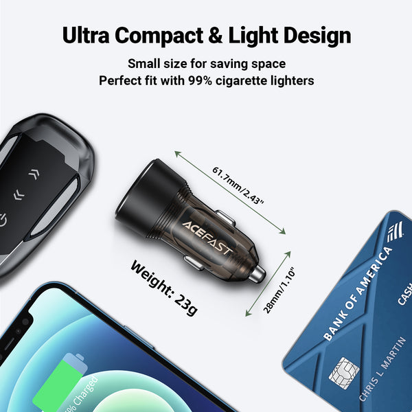AceFast PD Super Fast Mobile Car Charger w/ Metallic & Transparent Body (B12) 60W USB-A + USB-C,