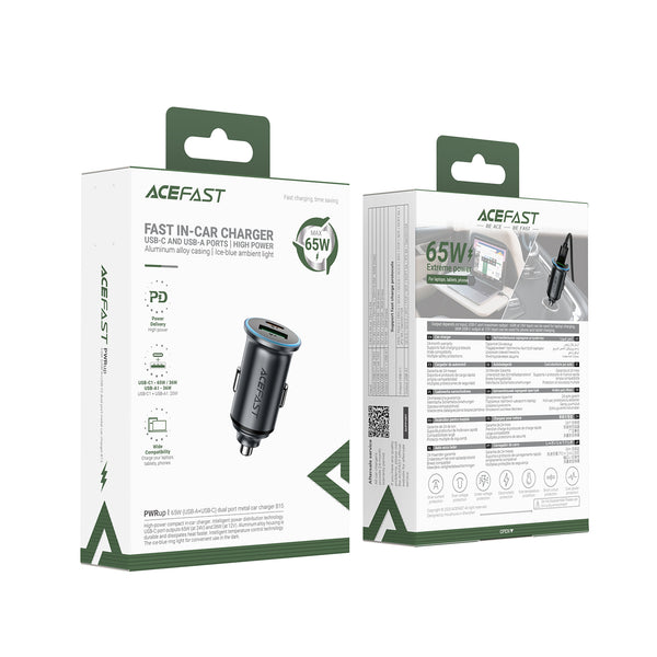 AceFast 65W PD+QC Mini-Size Super Fast Car Charger with Metallic Body, LED Ring Light (B15)