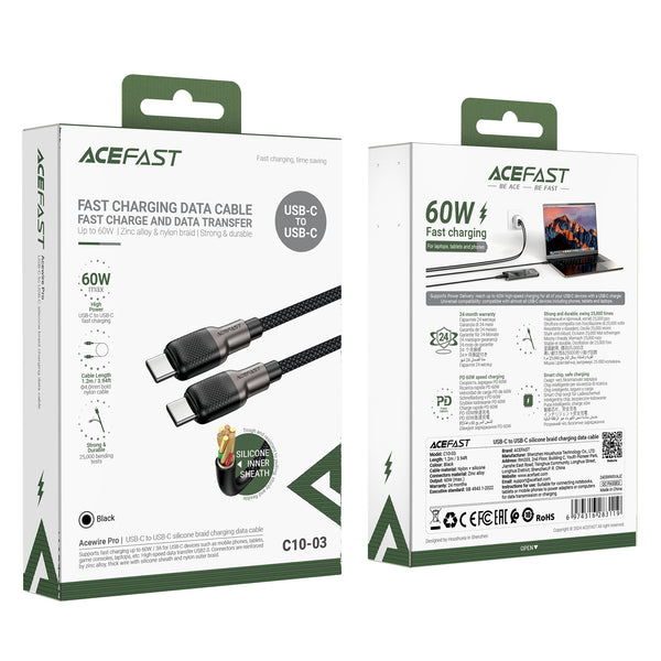AceFast 3A/60W Fast Charging Cable | USB-C to USB-C (60W) &amp; USB-A to USB-C (3A) Super Durable Zinc Alloy Nylon Braided Cable w/ Silicon Inner Sheath (C10)