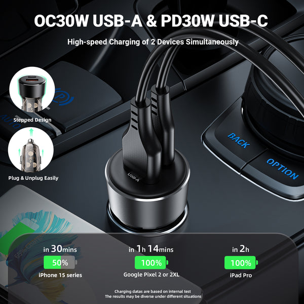 AceFast PD Super Fast Mobile Car Charger w/ Metallic & Transparent Body (B12) 60W USB-A + USB-C,