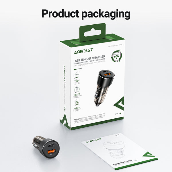 AceFast PD Super Fast Mobile Car Charger w/ Metallic & Transparent Body (B12) 60W USB-A + USB-C,