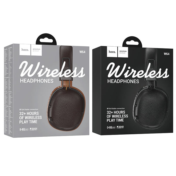 Leather Bluetooth Headset w/ 32 Hours, Air Soft Earmuff, Aux Input, Foldable Design (W64)p