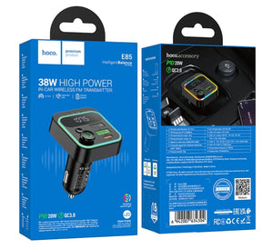 HOCO in Car  Bluetooth FM Transmitter with Phone Mobile Fast Charging 38W,  FM Car Kit with PD+QC, RGB Light (E85)