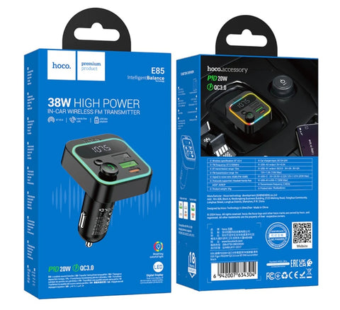 HOCO in Car  Bluetooth FM Transmitter with Phone Mobile Fast Charging 38W,  FM Car Kit with PD+QC, RGB Light (E85)