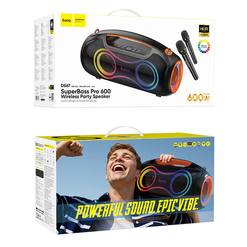 HOCO 600W Bluetooth Party Speaker with 2 Wireless Microphones, RGB Light, 6000mAh Battery, IPX5 Waterproof, Brand New