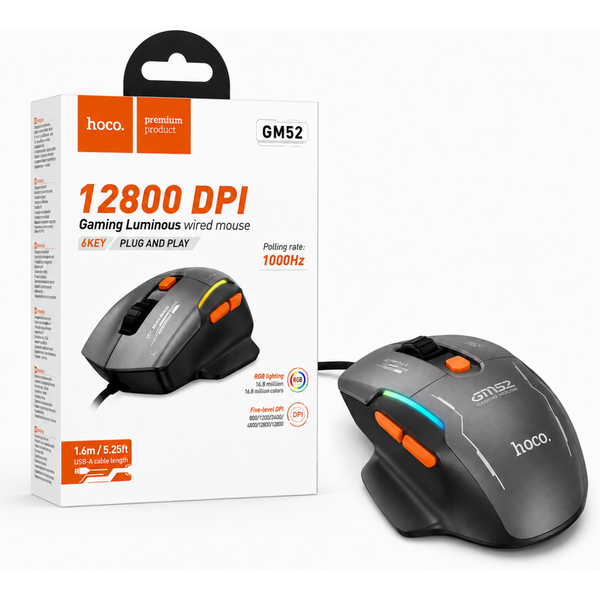 Ergonomic 6-Button Wired Gaming Mouse with LED Light, 12800 DPI (GM52)