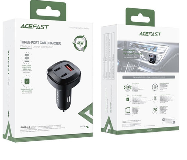 ACEFAST Three-Port Car Phone Charger 66W, Fast Charger Type C Car power adapter, Phone Charger